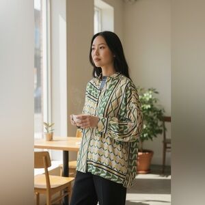 MISA Green and Yellow Geometric Patterned Blouse